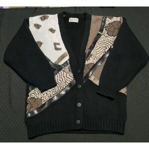 Vintage Spice Of Life Cardigan Sweater Womens Small Black Animal Print Knit